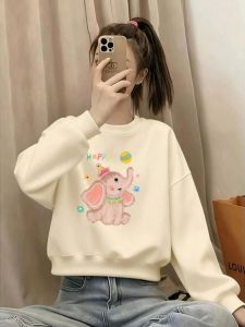 SUSHOUWANGE | Korean Sweet and Adorable Cartoon Elephant Short Fleece-lined Loose Hoodie for Autumn and Winter