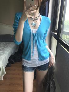 Blue Long Sleeve V-Neck Knit Cardigan Women Korean Style Summer Thin Sun Protection Silk Ice Silk Top Slim Fit Commute Style