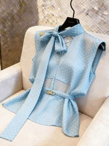 KUNAILIN | Polka Dot V-Neck Sleeveless Fashionable Blue Shirt