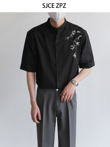 ZPZ New Chinese Style Short Sleeve Shirt Mens Summer Top Trendy Bamboo Leaf Embroidery Half Sleeve Stand Collar Cotton Blend Fabric