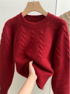 Soft Plush Bear Fur Knitted Sweater Womens Autumn Winter Fashion Commute Korean Style Twist Red New Year Sweater Top