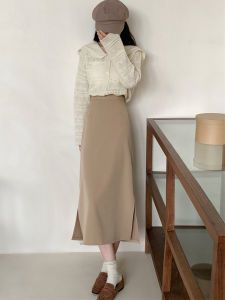 Khaki Slit on Both Sides Skirt Womens Elegant Long Retro One-Step Skirt High Waist Straight Hip Skirt Large Size Fashion