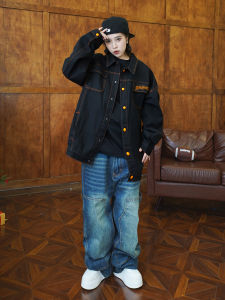 Busykid Original Hip Hop Embroidered Loose Jeans Style Street Dance Jacket for Couples Mens Version Black Cotton Denim Coat
