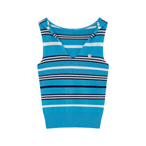 Wide V-Neck Blue Striped Summer Slim Fit Sleeveless Knit Vest