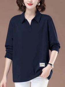 Pure Cotton Polo Collar Long Sleeves T-Shirt Womens Spring and Autumn Easiest for Match Loose Oversize Cover Belly Slim Looking Younger Underwear Blouse Tops