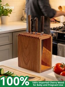 YANPU | Ventilated Drainable Double-sided Wooden Knife Holder Cherry Wood