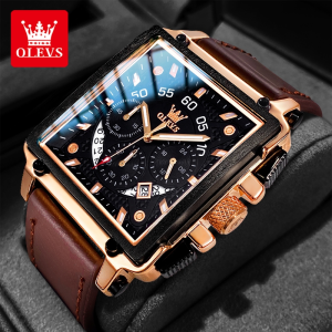 OLEVS Watch Men Original Waterproof High Quality Fashion Leather Quartz Wrist Watches Calendar Chronograph Luminous Jam Tanggan Lelaki