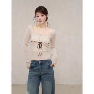 YIKEXIAOYEMEI | Áo Knit Cổ Vuông Tay Dài Elegent Mùa Đông 2025