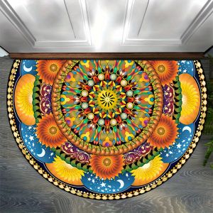 VIKAMA Half Round 3D Mandala Flower Grey Gold Layered Petal Art Crystal Velvet Door Mat Non Slip Entryway Bedroom Living Room