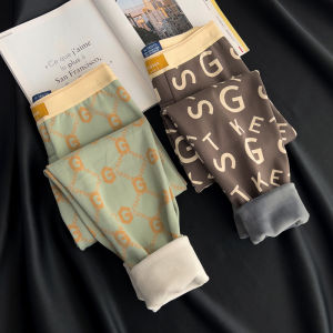 Mens Thickened Fleece Lined Warm Pants Letter Print Slim Fit Cotton Wool Trousers Autumn Winter Thermal Bottoming Trousers