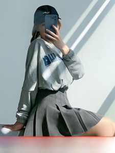 กระโปรงสั้นทรงเอเอวสูงลายจุดสีเทาสำหรับผู้หญิง กระโปรงสั้นฤดูร้อน กระโปรงทรงเอป้องกันแสง เสื้อผ้าทำงาน