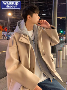 Wassup Happy Fake Two-Piece Woolen Coat Mens Autumn and Winter Fashion Brand Couple Hooded Handsome Casual Outwear