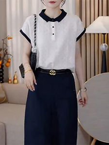 Shalldoer | Fashionable Floral Embroidery Color Block Short Sleeve Womens T-Shirt Breathable Thin Summer Top Korean Style Commute Wear