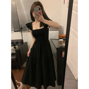 Black Summer Beach Vacation Hepburn Style Womens Dress Sleeveless High Waist Knitted Polyester Gentle Wind Thickened Gown