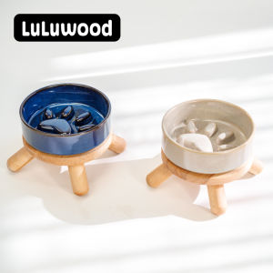 LuLuwood Real Wood Elm Pet Slow Feeding Bowl Ceramic Cat Dish Anti-choking Medium Small Dog Bowl Cat Food Basin