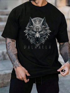 Summer New Mens Viking Wolf Head Pattern Printed T-Shirt Nordic Valhalla Design Soft and Breathable Round-neck Sports Men Shirt