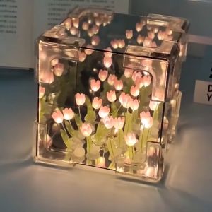 DIY 20pcs Cube Tulips Mirror Lamp Led Decorative Nights Lamp for BedroomHandmade DIY Magic Cube Tulips Flower Table Lamp and Mirror 2 in 1Tulips Night Lamp 20 Flowers Mothers Day Gifts for girlfreind