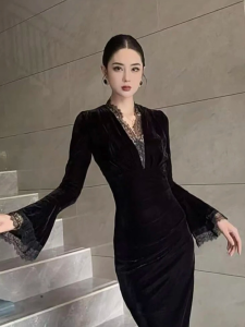 DANTING | Black Velvet Formal Slimming Lace Dress