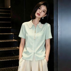 SHUAIYUE | Áo Sơ Mi Ngắn Tay Cổ Polo Họa Tiết Sọc Xanh Lá Đẹp Mát Mẻ Mùa Hè