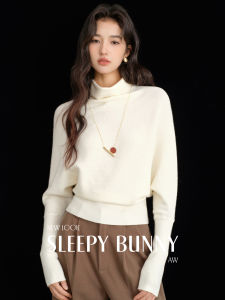 Versatile Casual Batwing Sleeve Stand Collar Waist-Cinching Design White Knitted Top for Spring
