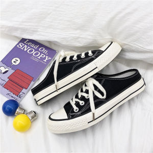 Mens Summer Slip-On Canvas Shoes Half Slip No-Back Low-Top Rubber Sole Breathable Flat Heel Simple Style Youth Footwear