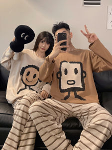 ชุดนอนผ้าฝ้ายลายทางแขนยาวคู่รัก ชุดนอนลำลองสำหรับฤดูใบไม้ผลิและฤดูใบไม้ร่วง ชุดอยู่บ้านสำหรับฤดูร้อน ชุดนอนผู้ชายและผู้หญิง