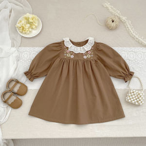 1-6Y Autumn New Girls Dress Fashion Cute Doll Neck Embroidered Flowers Dress Spring Childrens Girls Long Sleeve Princess Dress