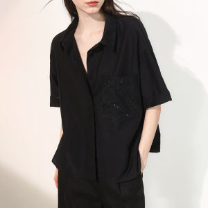 Miccbeirn | Elegant Silk Cotton Short Sleeve Embroidered Shirt Glowing Sequin Lazy Artistic Skin-friendly Commute Top Polo Collar Button Down