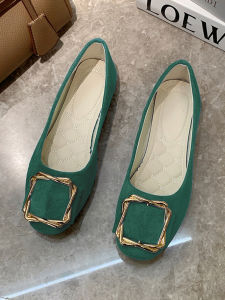 Green Thin Shoes Womens Flat Shoes Bean Bag Pu Reversible Flannel Shoes Wedding Shoes Sedan Square Head Boat Shoes Pregnant Women Large Size Work Shoes