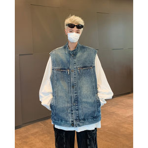 Retro Washed Distressed Zipper Denim Vest Jacket Men Loose Casual Stand Collar Sleeveless Waistcoat Jacket Outwear