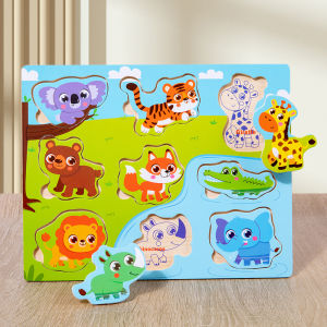 Montessori Wooden Puzzles Hand Grab Boards Tangram Jigsaw Toys Baby Educational Toys Cartoon Vehicle Animals Fruits 3D Puzzles