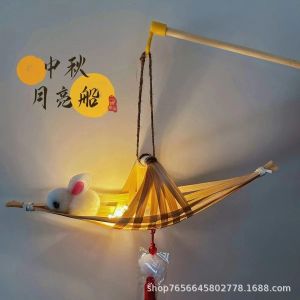 Glowing Bamboo Woven Boat Lantern Childrens Handheld Moonboat Flashing Light Handmade Lantern for Street Vendors And Festivals