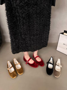 รองเท้า Mary Janes ทรงหัวมน พื้นยาง ส้นแบน ทรงหัวมน สีแดง รองเท้าแฟชั่นฤดูใบไม้ผลิและฤดูใบไม้ร่วง รองเท้าส้นแบนสไตล์ย้อนยุคสำหรับผู้หญิง