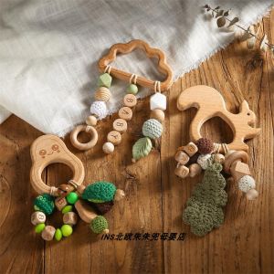 Wooden Squirrel Avocado Teething Toy Bracelet Hanging Decoration for Infants And Toddlers Chewable Dental Massager Beads String