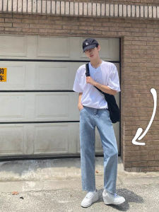 XMOB Studio Korean Washed 9-Times Mens Straight Leg กางเกงยีนส์ หลวม Wide Leg Drapey Nine-Piece กางเกง ลำลอง Youthful Style