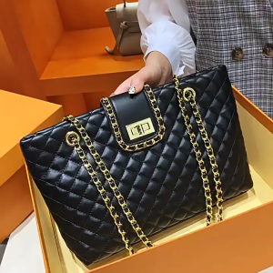 OOKAS black quilted leather handbag with chain straps and turn-lock closure