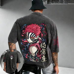 Bandai | Demon Slayer Mens and  Womens Washed T-Shirt Akaza Summer and Spring Anime Tee Retro Distressed Fashion Versatile Short Sleeve