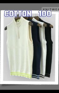 เสื้อกั๊กชาย เสื้อแขนกุดคอซิป สีขาว/เทาชาร์โคล เสื้อกั๊กชาย Kselect_knitwear sweatshirt cotton จัดส่งเร็ว