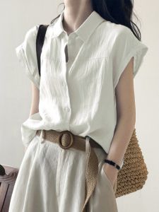 Linen Short Sleeve White Shirt Womens Winter Color Shirt Japanese Style Commute Clothing Cotton Linen Top Female Fashion