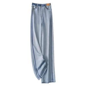 TUOYUN | Tencel Soft Denim High Waist Drapey Womens Summer Thin Ice Silk Loose Straight Leg Pants Casual Style Washed Multi Pocket