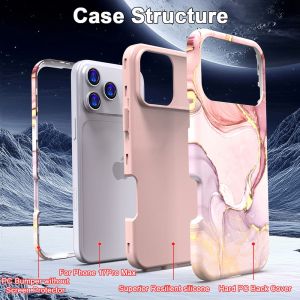 Women Girl Luxury Marble Pattern 3 in 1 Heavy Duty Shockproof Full Body Rugged Hard PC+Soft Silicone Drop Protective Phone Case for iPhone 17 Pro maxAir16 Pro max15 Plus14 Pro 1312