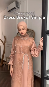 Marsya Dress Silk Brukat Tile + Outer Gamis Pesta Warna Burgandy Wanita Kekinian Mix Payet Mutiara dress kondangan Lebaran Simple Mewah Elegant By Keyclo