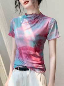GEBEISHANG | Dopamine Fashion Wooden Ears Half High Collar Tie Dye Mesh Short Sleeve T-Shirt Fitted