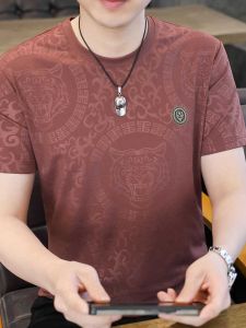 Áo Thun Nam Tay Ngắn Mùa Hè 2025 Thời Trang Thành Phố Thoáng Khí Cổ Tròn Ren Tay Lửng Lụa Băng Sợi Polyester