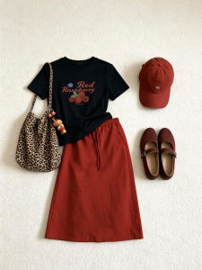 QINGMUZI | Red Slimming Letter Print Casual Two-piece Set