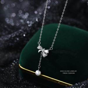 Fashionable S925 Sterling Silver Butterfly Knot Necklace for Women with Zircon round Bead Tassel Clavicle Chain Unique Design