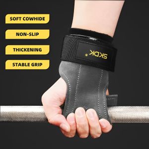 2Pcs Cowhide Gym Gloves Grips Anti-Skid Weight Power Belt Lifting Pads Deadlift Workout Fitness Palm Protection Training Guards