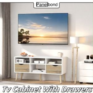 Panelbond Modern Oak TV Cabinet Console Storage with Open Shelves Living Room Bedroom Media TV Console Table for 45/50 Inch TV