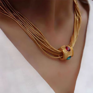 Rose Story Gold Plated Multi-Layer Chain Necklace with Magnetic Buckle Colorful Gem Pendant Choker Bracelet Fashion Jewelry