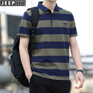 Jeep Spirit Mens Casual Polo Shirt Summer New Loose Striped Short Sleeve Turn-down Collar Business Leisure T-shirt